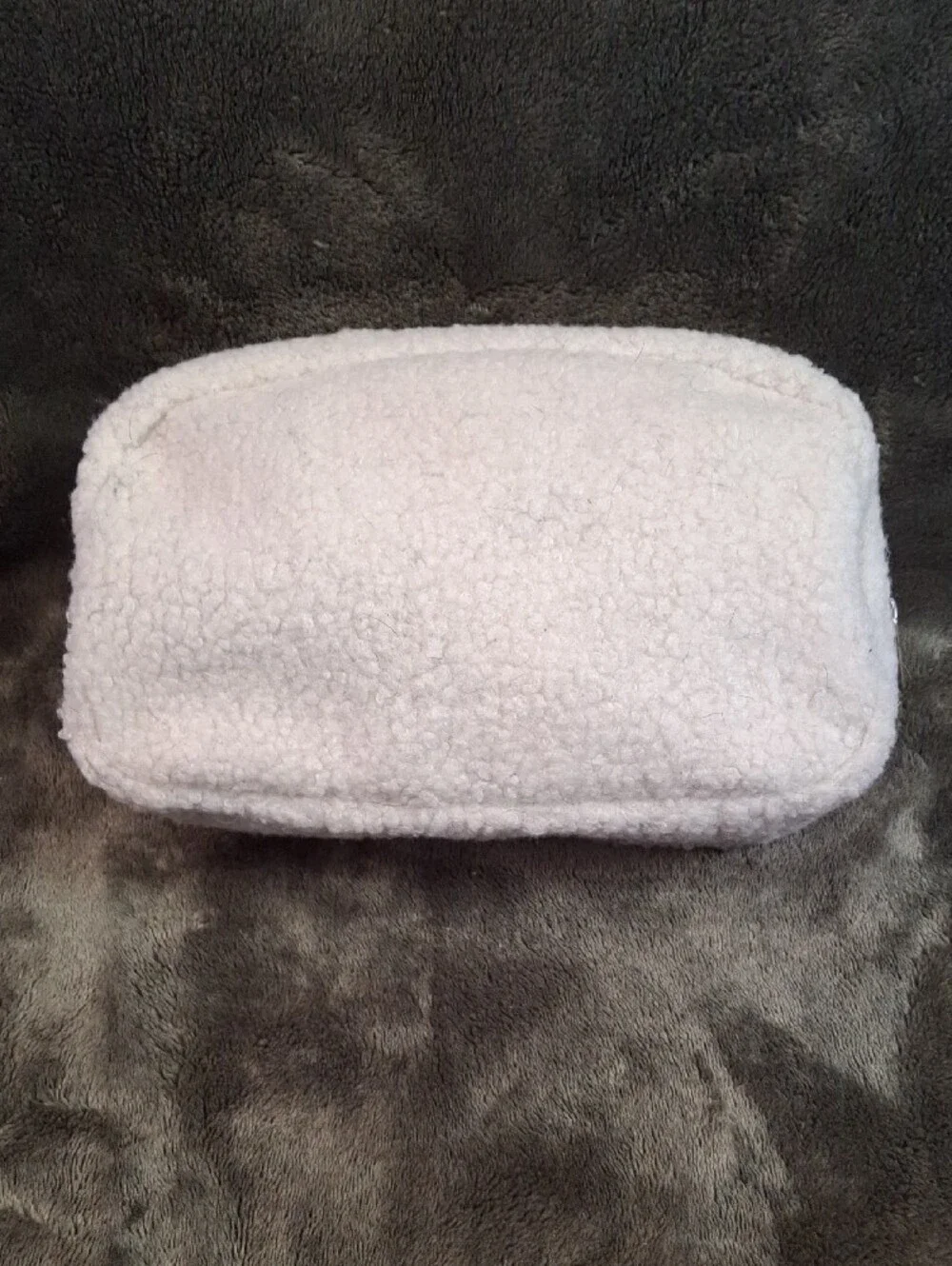 White Plush Cosmetic Pouch with Colorful 'HAPPY' Embroidery